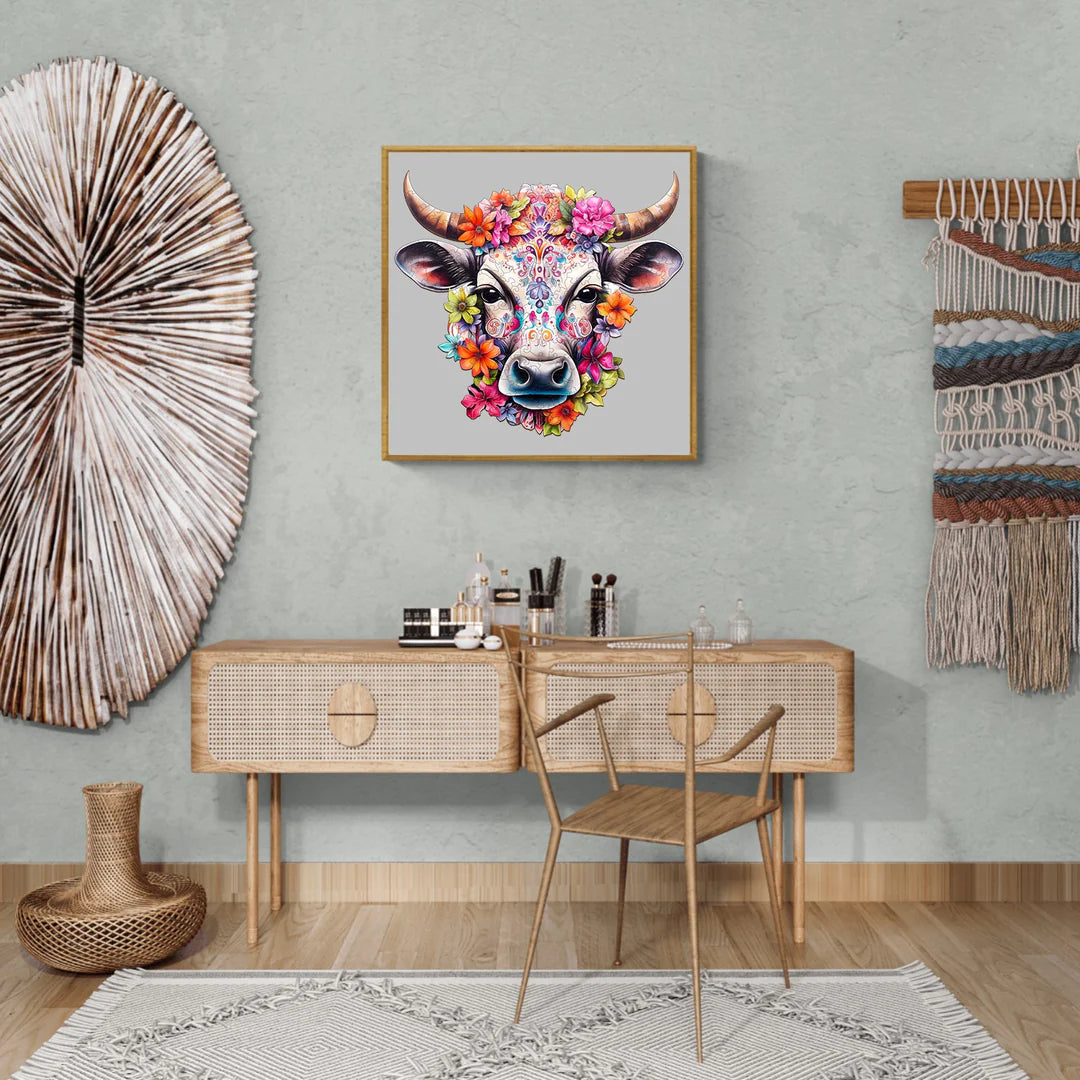 Colorful Cow and Flowers - Wooden Jigsaw Puzzle