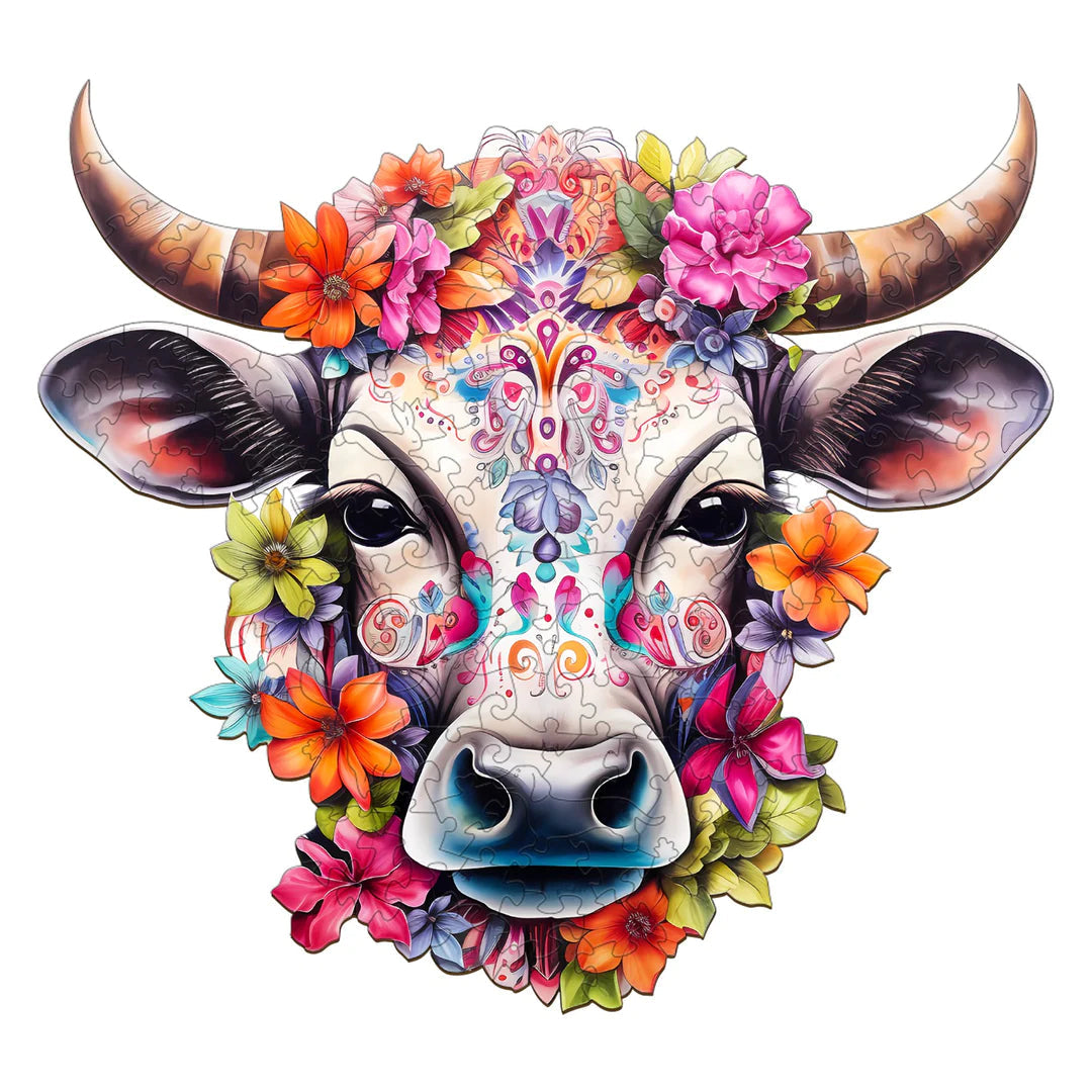 Colorful Cow and Flowers - Wooden Jigsaw Puzzle