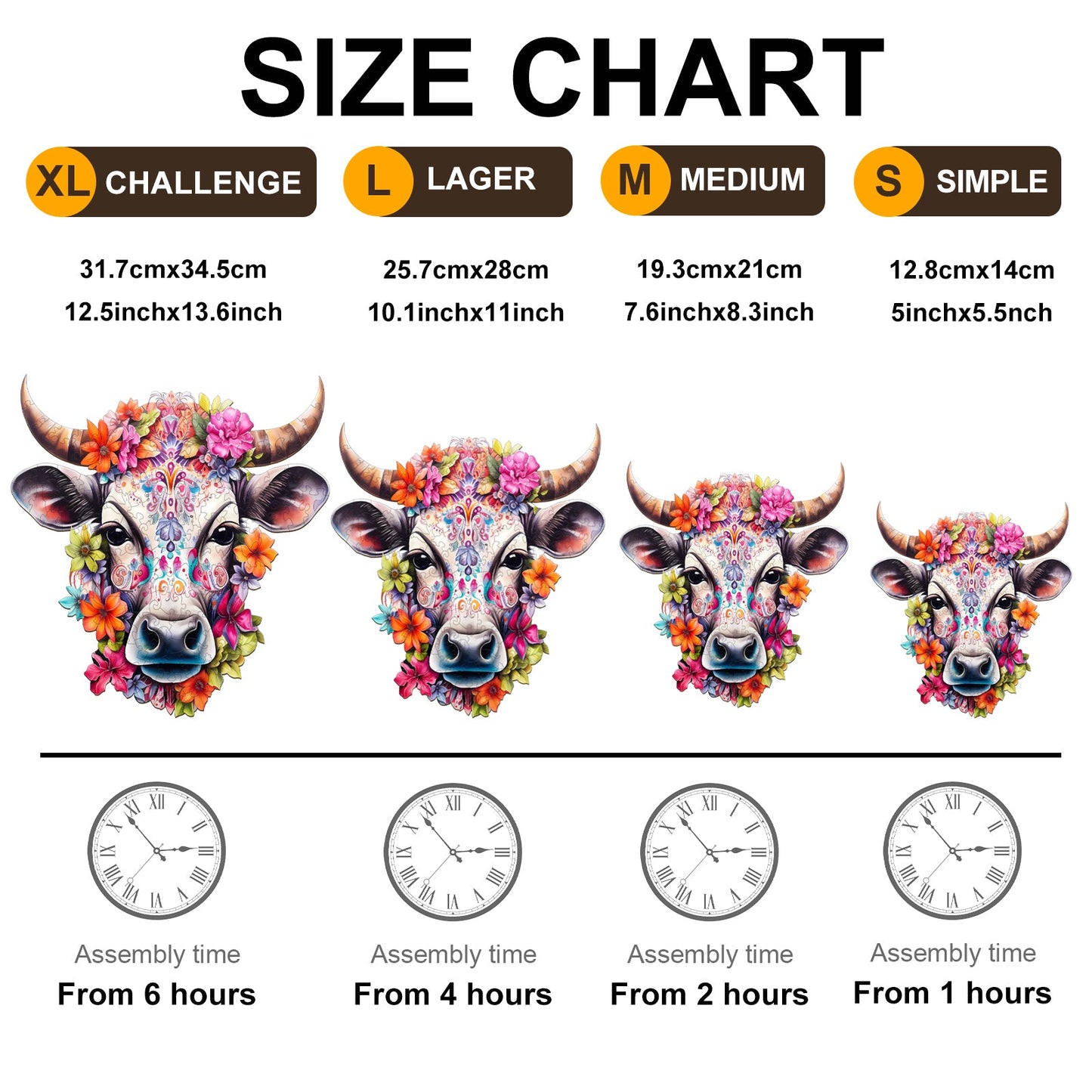 Colorful Cow and Flowers - Wooden Jigsaw Puzzle