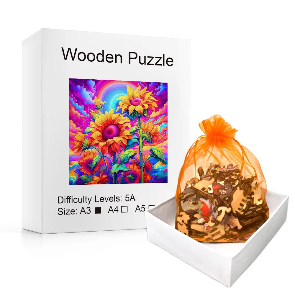 Pink Sky Sunflowers - Wooden Jigsaw Puzzle