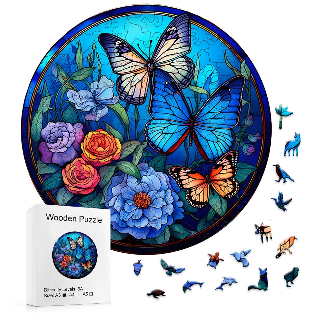 Blue Roses and Butterflys - Wooden Jigsaw Puzzle