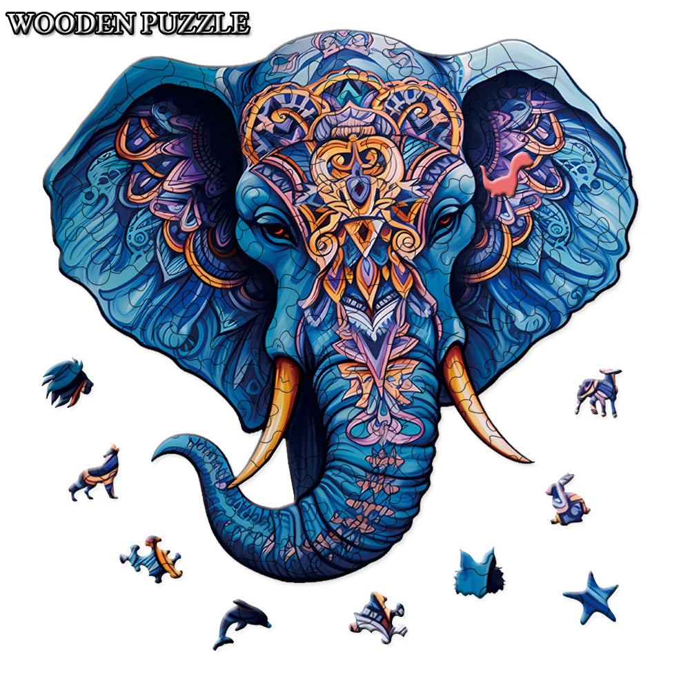 Blue Mandala Elephant - Wooden Jigsaw Puzzle