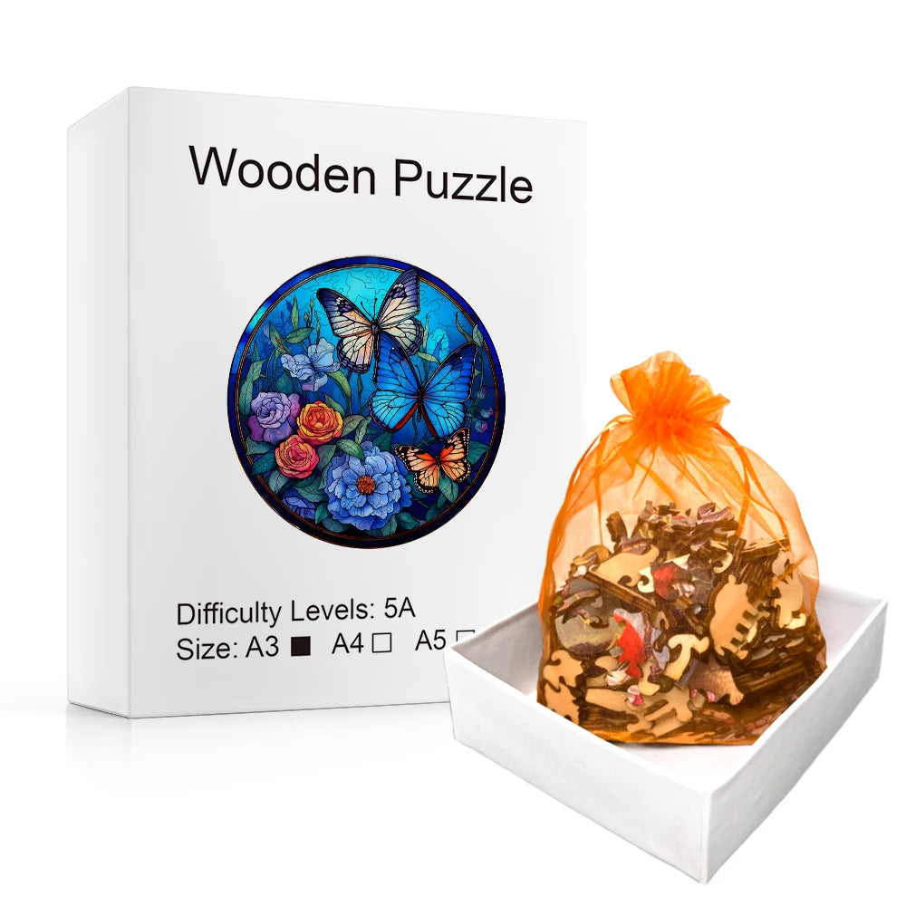 Blue Roses and Butterflys - Wooden Jigsaw Puzzle