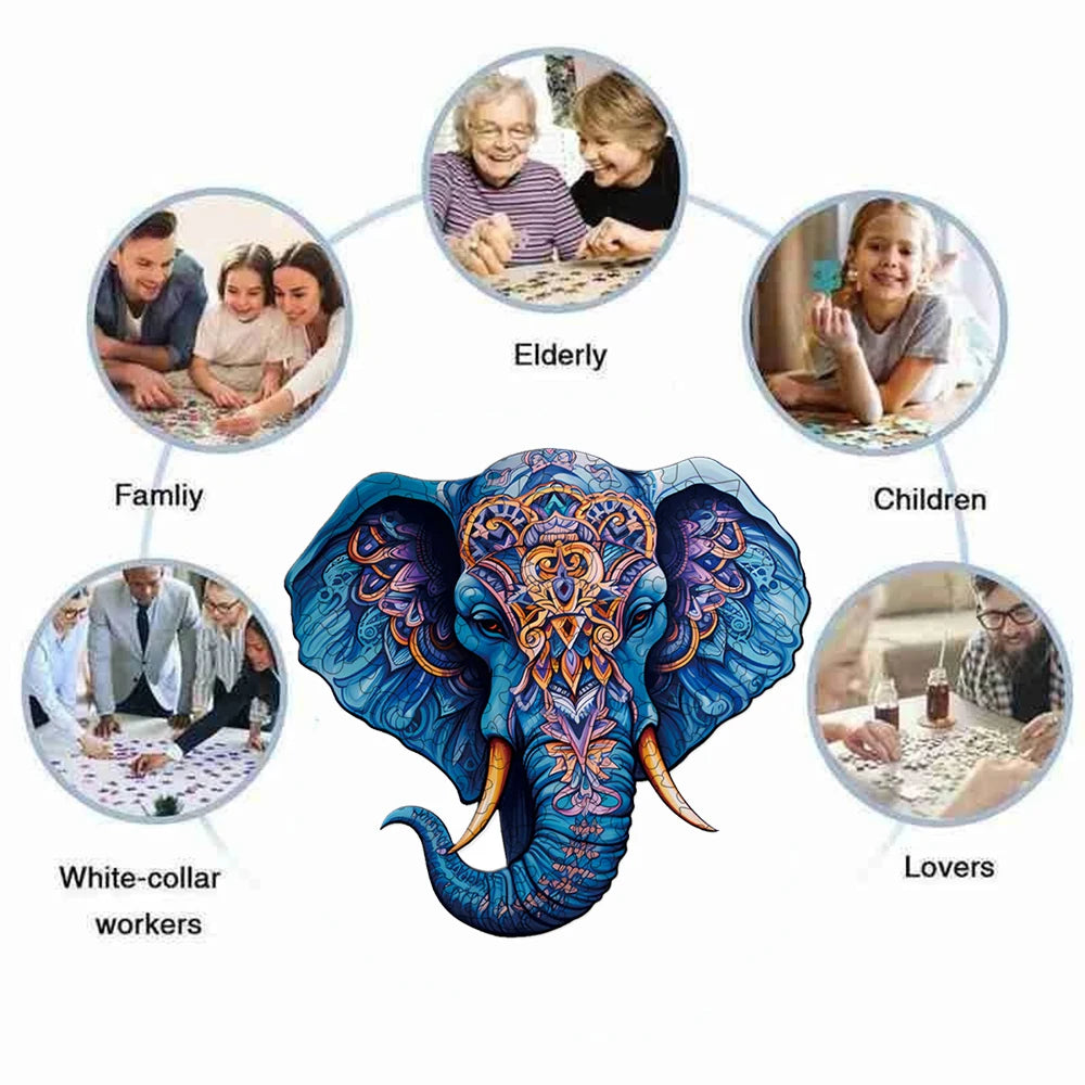 Blue Mandala Elephant - Wooden Jigsaw Puzzle