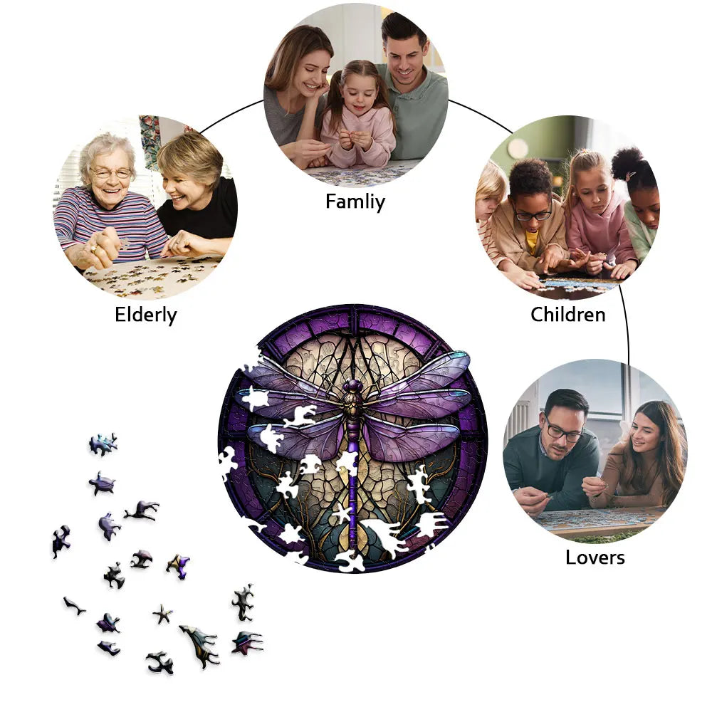 Stained Purple Dragonfly - Wooden Jigsaw Puzzle