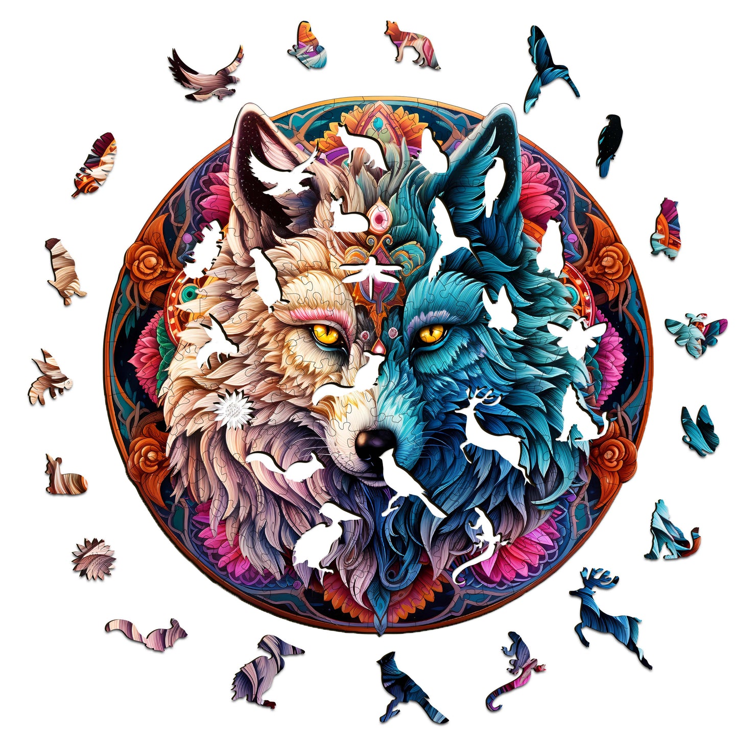 Mandala Yin-yang Wolf - Wooden Jigsaw Puzzle