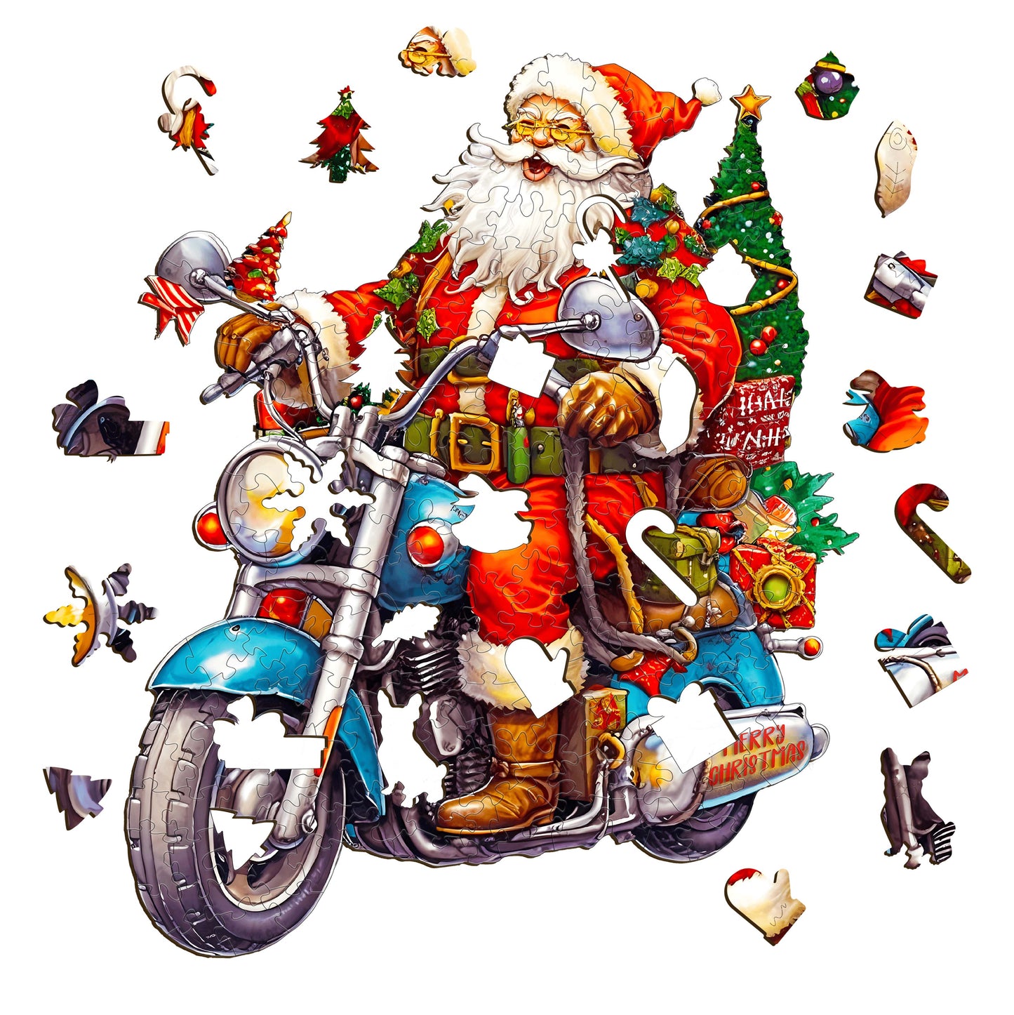 Santa Claus On His Motorcycle - Wooden Jigsaw Puzzle