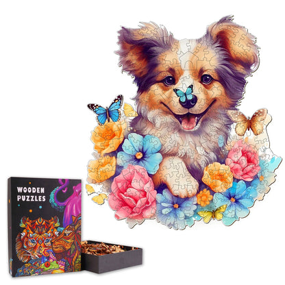 Butterfly Garden Sheltie - Wooden Jigsaw Puzzle