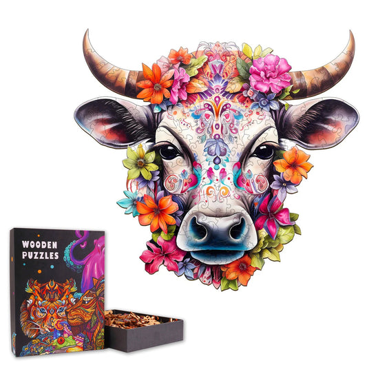 Colorful Cow and Flowers - Wooden Jigsaw Puzzle