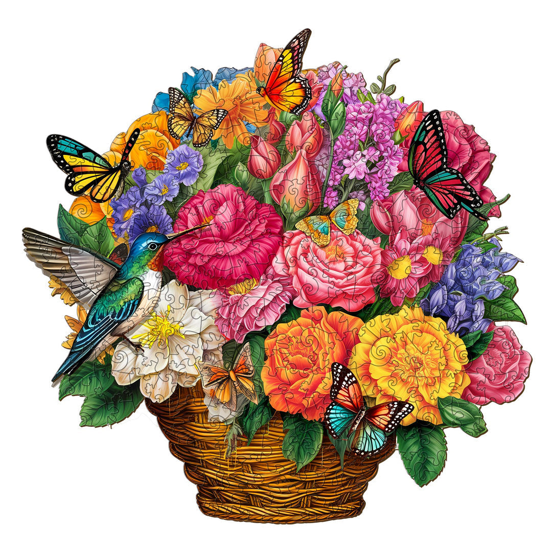 Flower Basket & Hummingbird - Wooden Jigsaw Puzzle