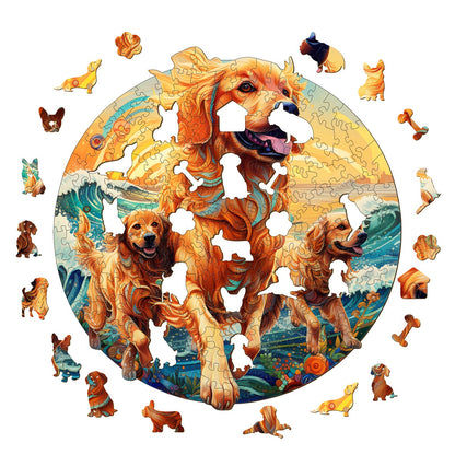 Golden Retriever's Seaside Frolic - Wooden Jigsaw Puzzle