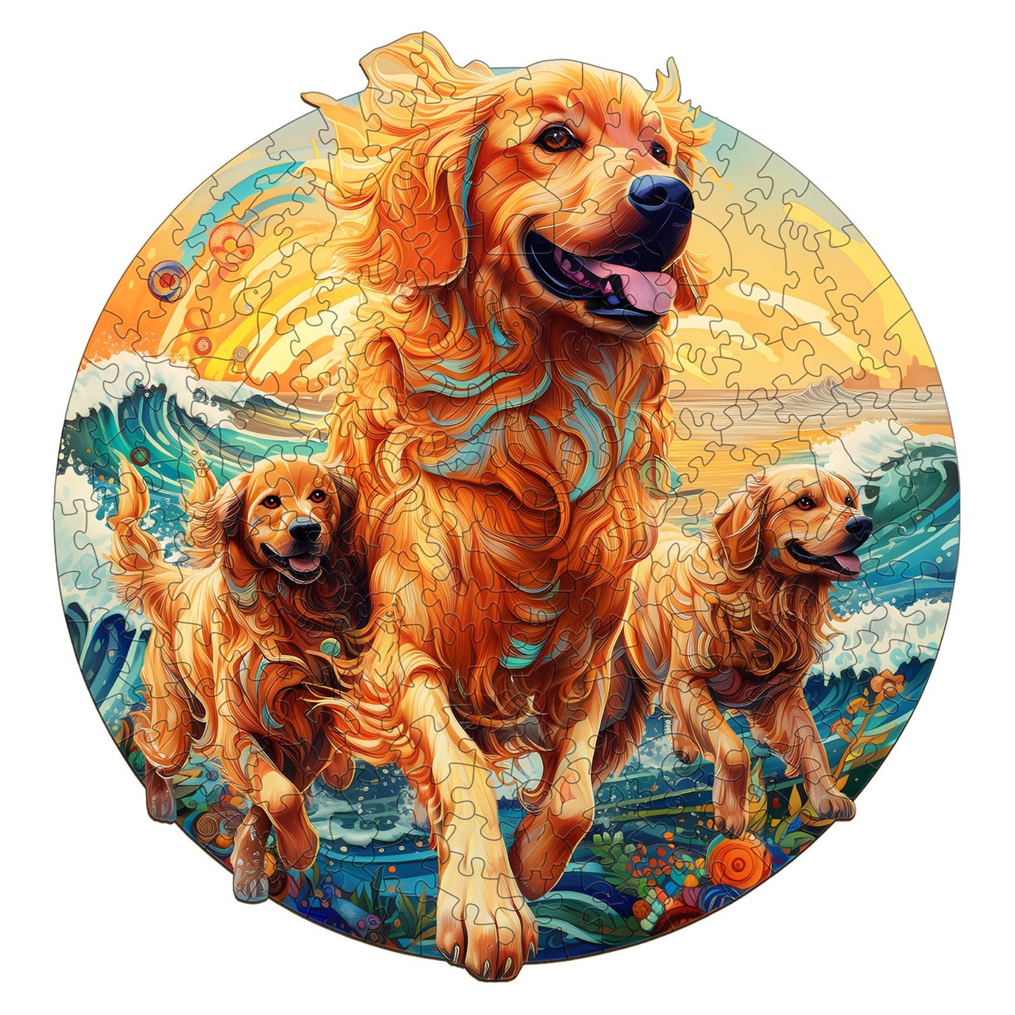 Golden Retriever's Seaside Frolic - Wooden Jigsaw Puzzle