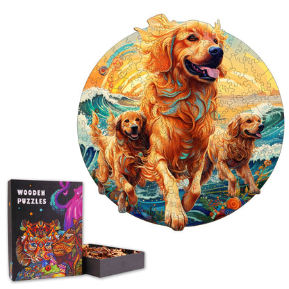 Golden Retriever's Seaside Frolic - Wooden Jigsaw Puzzle