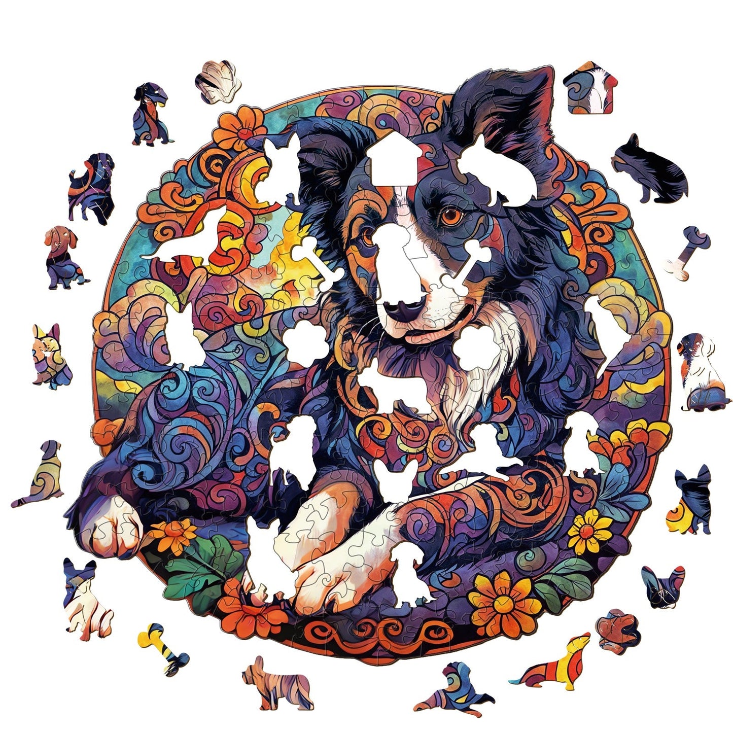 Mandala Border Collie - Wooden Jigsaw Puzzle