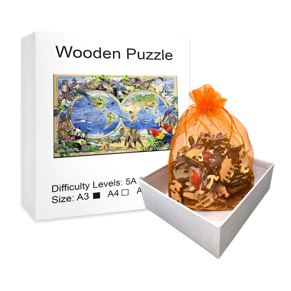 Animal World Map - Wooden Jigsaw Puzzle