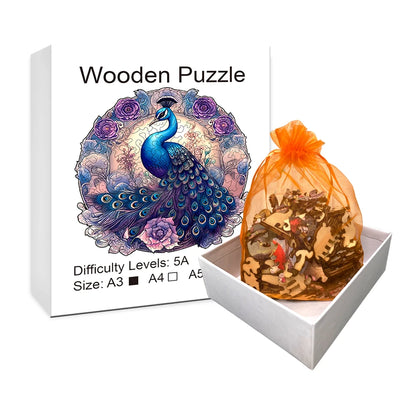 Rose Pink Peacock - Wooden Jigsaw Puzzle