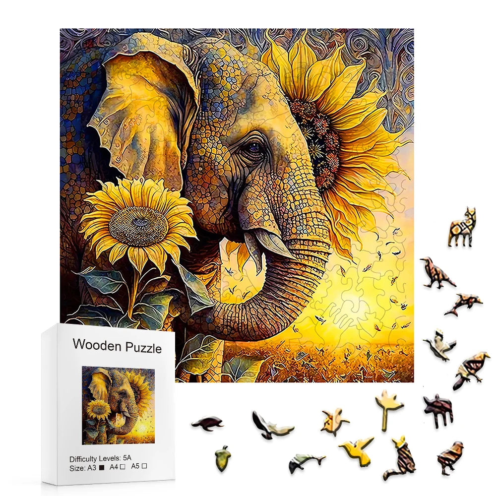 Elephant Sunflower - Wooden Jigsaw Puzzle