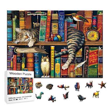 Lazy Library Cat - Wooden Jigsaw Puzzle