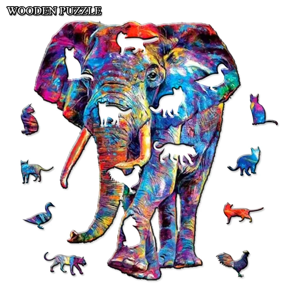 Colorful Powder Elephant - Wooden Jigsaw Puzzle