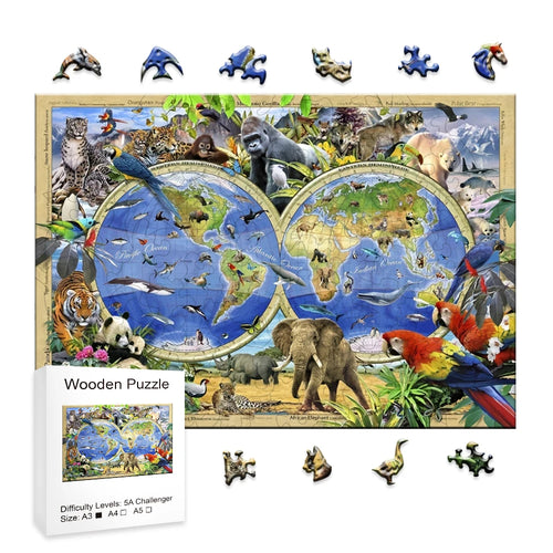 Animal World Map - Wooden Jigsaw Puzzle