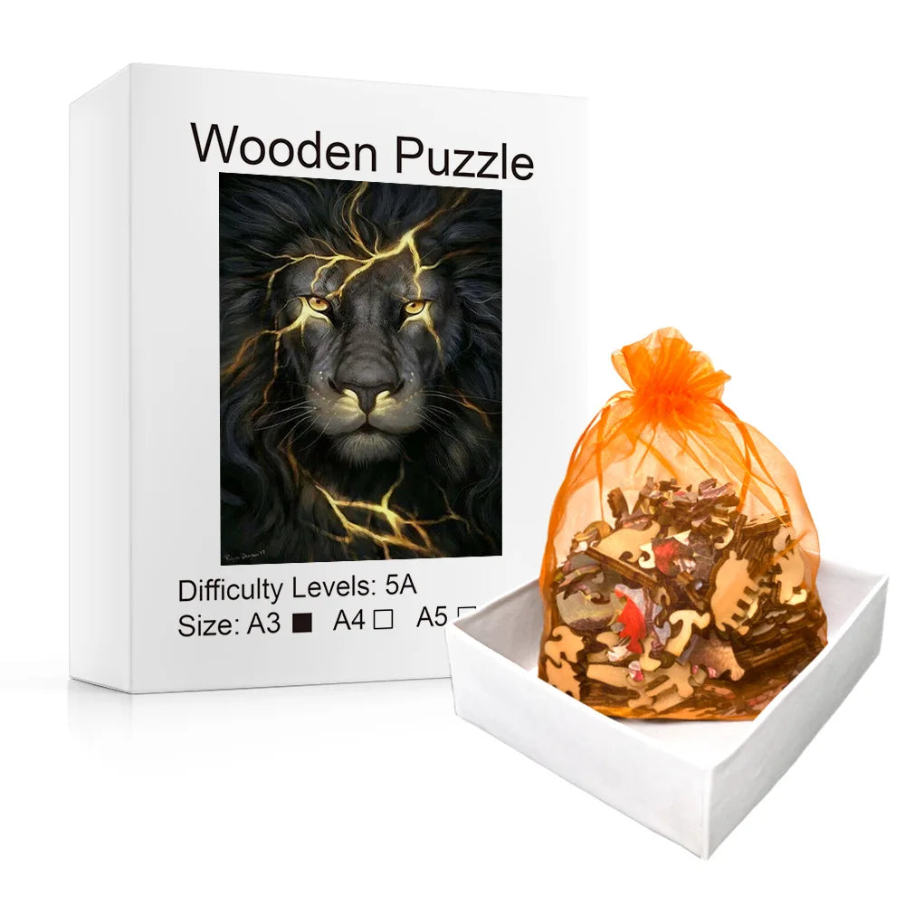 Golden Lightning Black Lion - Wooden Jigsaw Puzzle