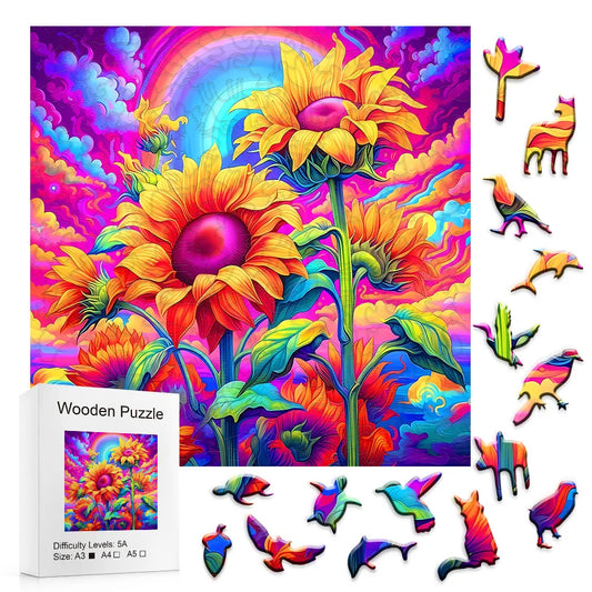 Pink Sky Sunflowers - Wooden Jigsaw Puzzle