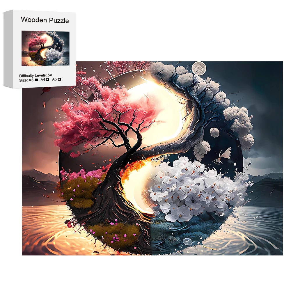 Yin Yang Sun, Moon, Tree Of Life - Wooden Jigsaw Puzzle