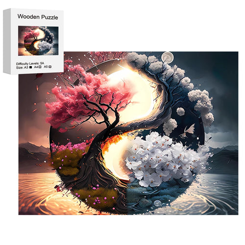 Yin Yang Sun, Moon, Tree Of Life - Wooden Jigsaw Puzzle