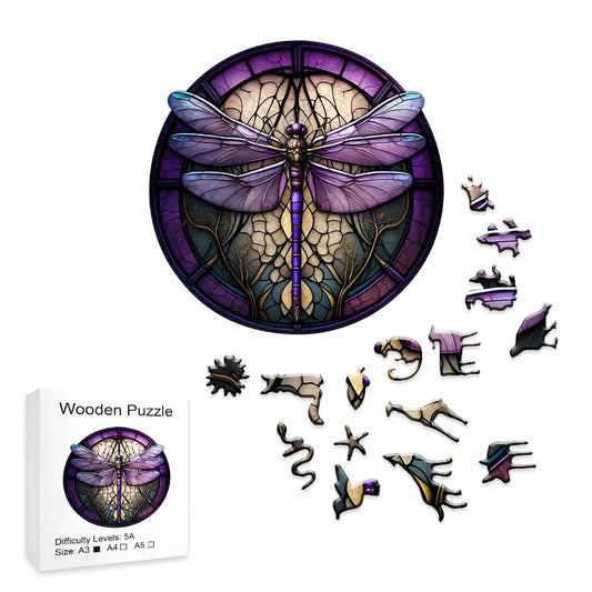 Stained Purple Dragonfly - Wooden Jigsaw Puzzle