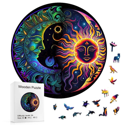 Neon Moon And Sun - Wooden Jigsaw Puzzle