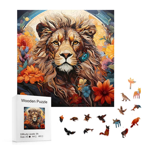 Regal Blooms Lion - Wooden Jigsaw Puzzle