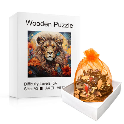 Regal Blooms Lion - Wooden Jigsaw Puzzle