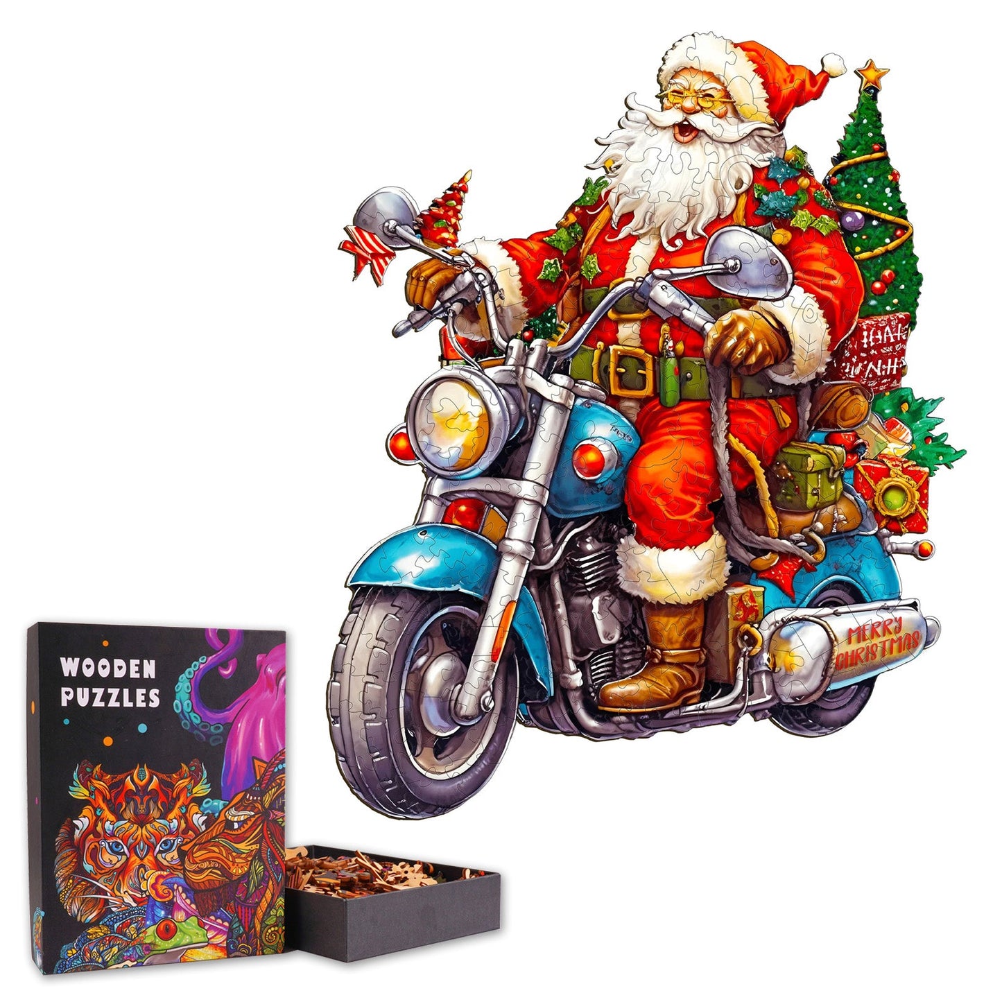 Santa Claus On His Motorcycle - Wooden Jigsaw Puzzle