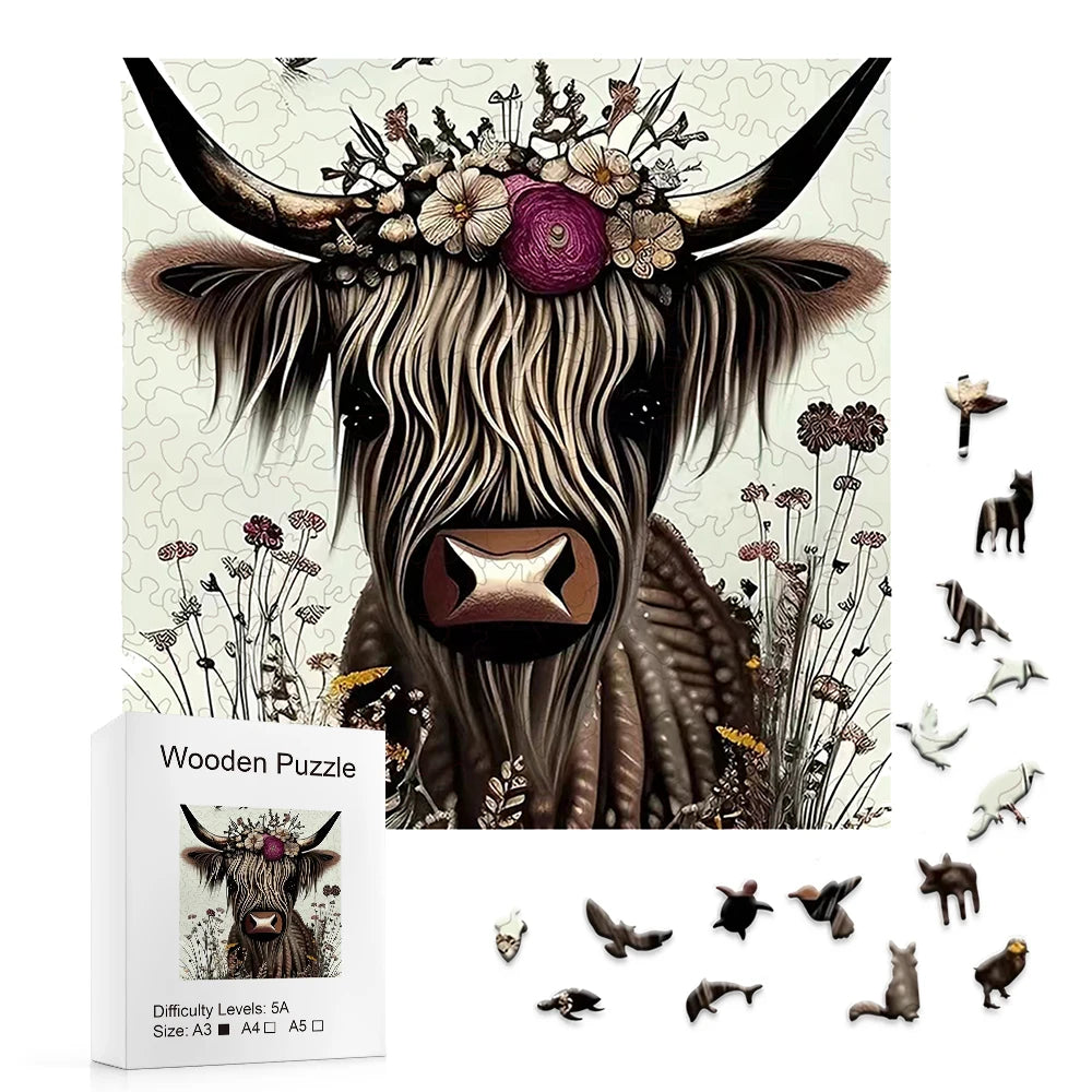 Flower Crown Cow - Wooden Jigsaw Puzzle