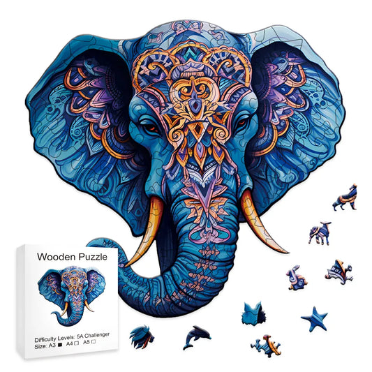 Blue Mandala Elephant - Wooden Jigsaw Puzzle